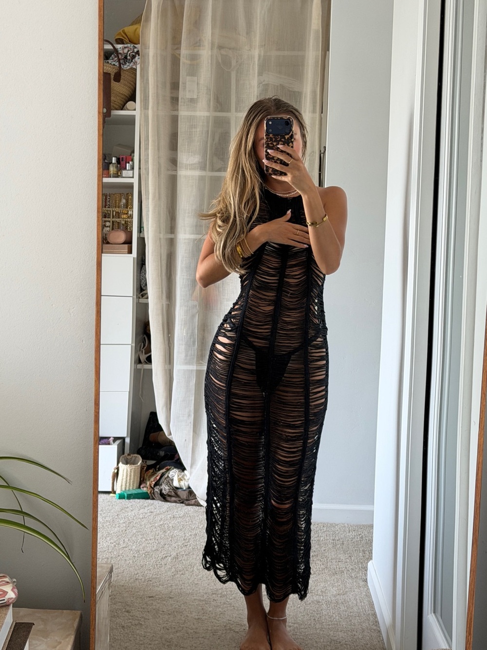 Black Sheer Distressed Knit Maxi Dress